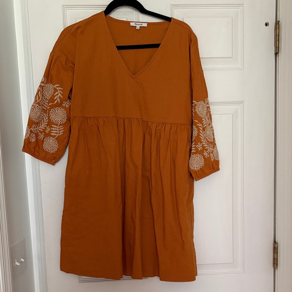 Madewell Yellow V-Neck Cotton Linen Dress with White Embroidered Sleeves